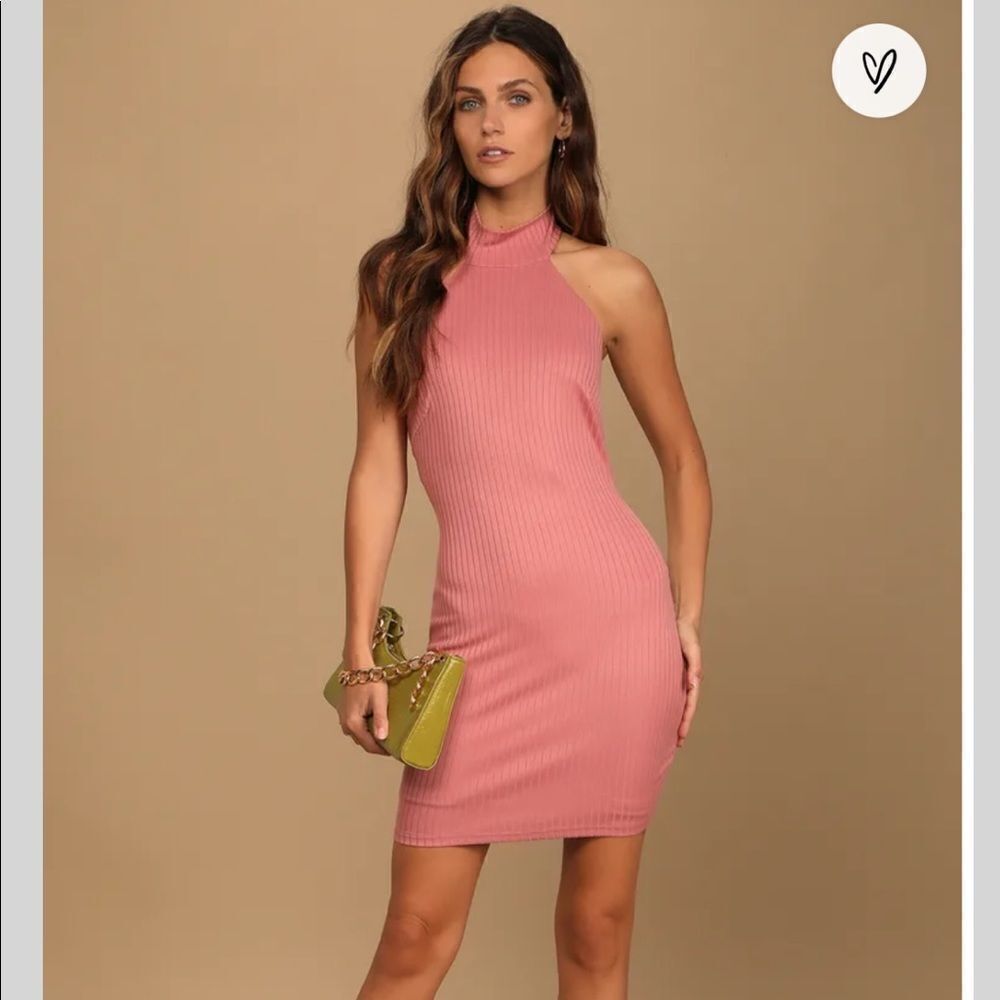 New Lulus Got the Groove Dusty Pink Ribbed Halter Bodycon Mini Dress Sweater